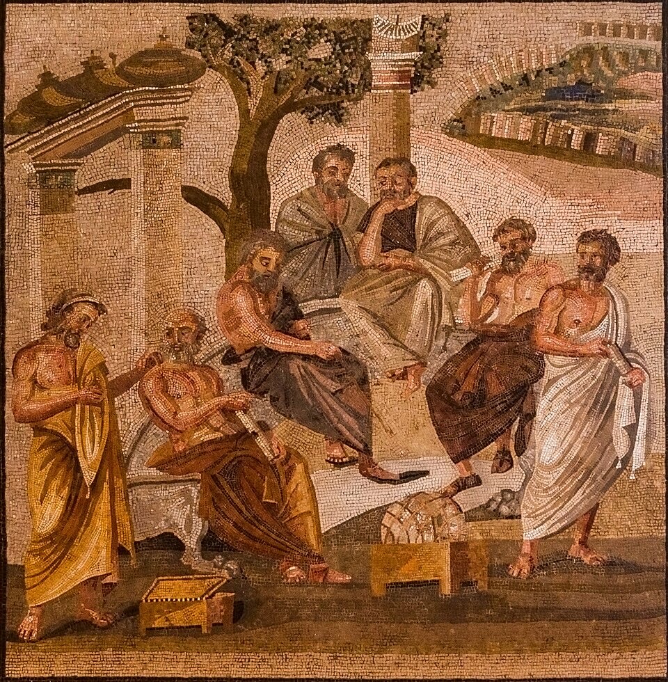 Roman mosaic of philosophers in discussion, conventionally titled Plato’s Academy