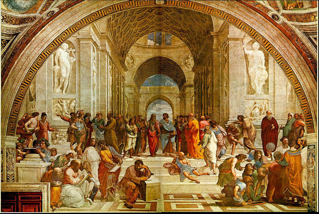 Raphael's The School of Athens, depicting the great philosophers of antiquity gathered beneath a grand arch