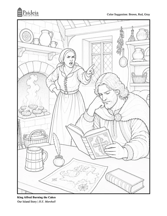 Coloring page of King Alfred reading by the fire while the cakes burn, from Our Island Story, with a colored-in kingfisher page behind it