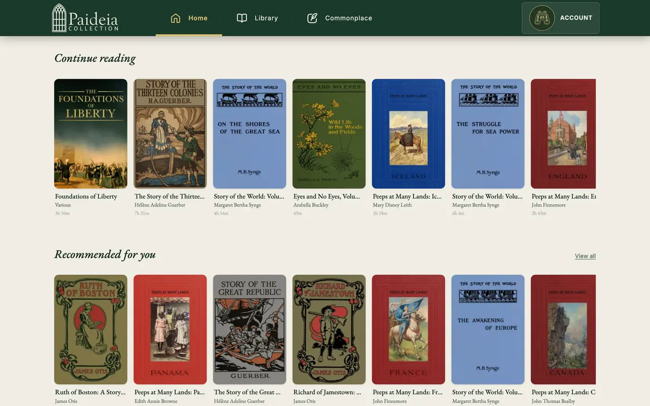 The Paideia Collection on a laptop: shelves of illustrated book covers under Continue reading and Recommended for you