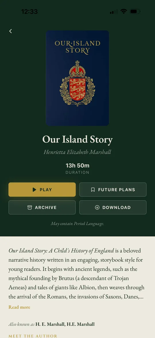 Our Island Story in the Paideia app on a phone, with its cover and a Play button